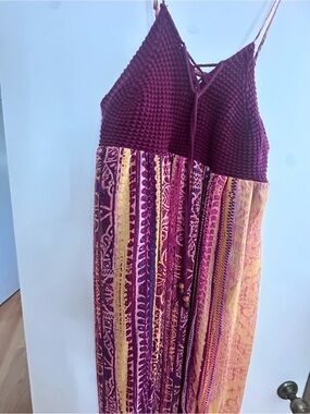 Boho Striped Maxi Dress with Crochet Bodice - Burgundy